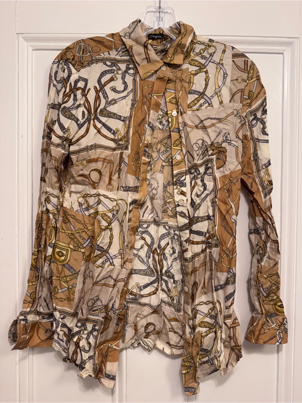 J. McLaughlin Tan and Cream Equestrian Print Button-Down Shirt